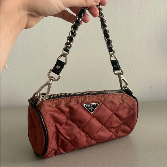 Vintage Prada Quilted Nylon Tessuto Barrel Pochette Mini Bag in Dark Red